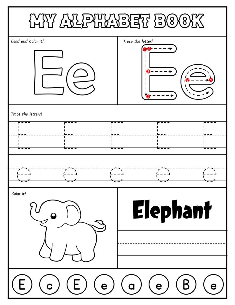 A printable worksheet page for the letter E featuring tracing steps, handwriting practice lines, a drawing of a smiling elephant, and letter matching circles.