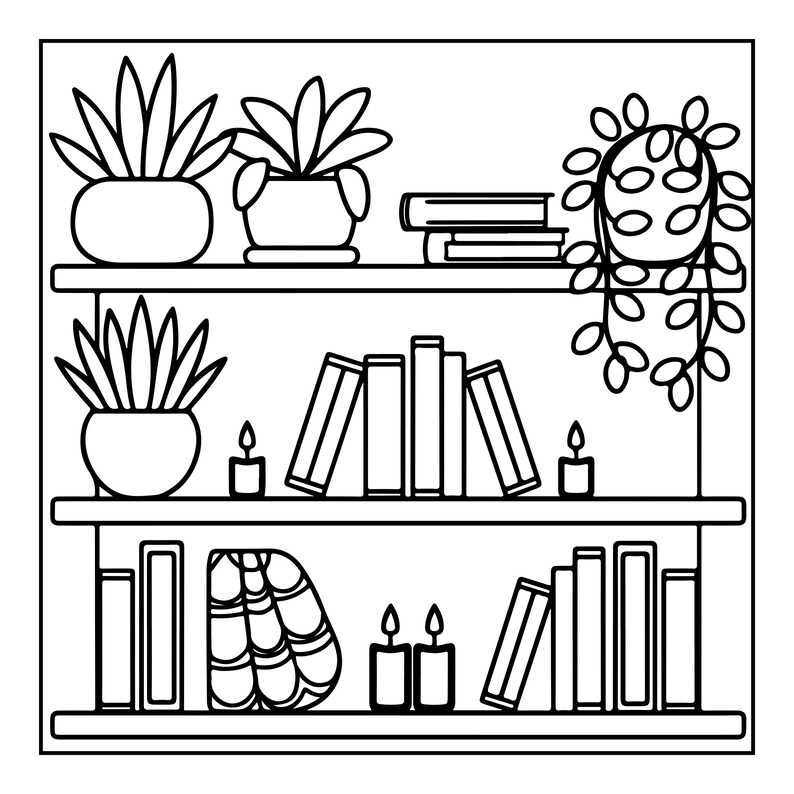 May include: A black and white line art illustration of a three-tiered bookshelf. The shelves contain various potted plants, stacks of books, and small lit candles. The drawing features clean outlines and simple shapes, depicting a home decor arrangement.