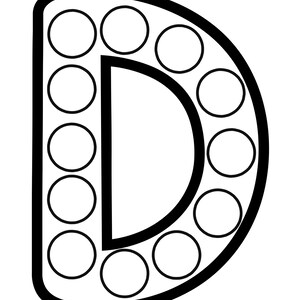 A black and white outline of the uppercase letter D featuring a curved line of blank circles along the left edge.