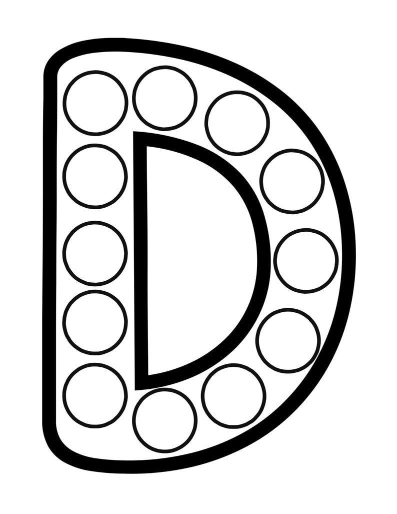 A black and white outline of the uppercase letter D featuring a curved line of blank circles along the left edge.