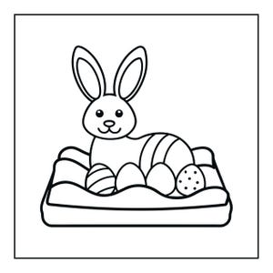 May include: A black and white line art illustration of a rabbit sitting in a basket filled with four decorated Easter eggs. The rabbit has long ears and a simple facial expression, while the eggs feature various patterns including stripes and dots.