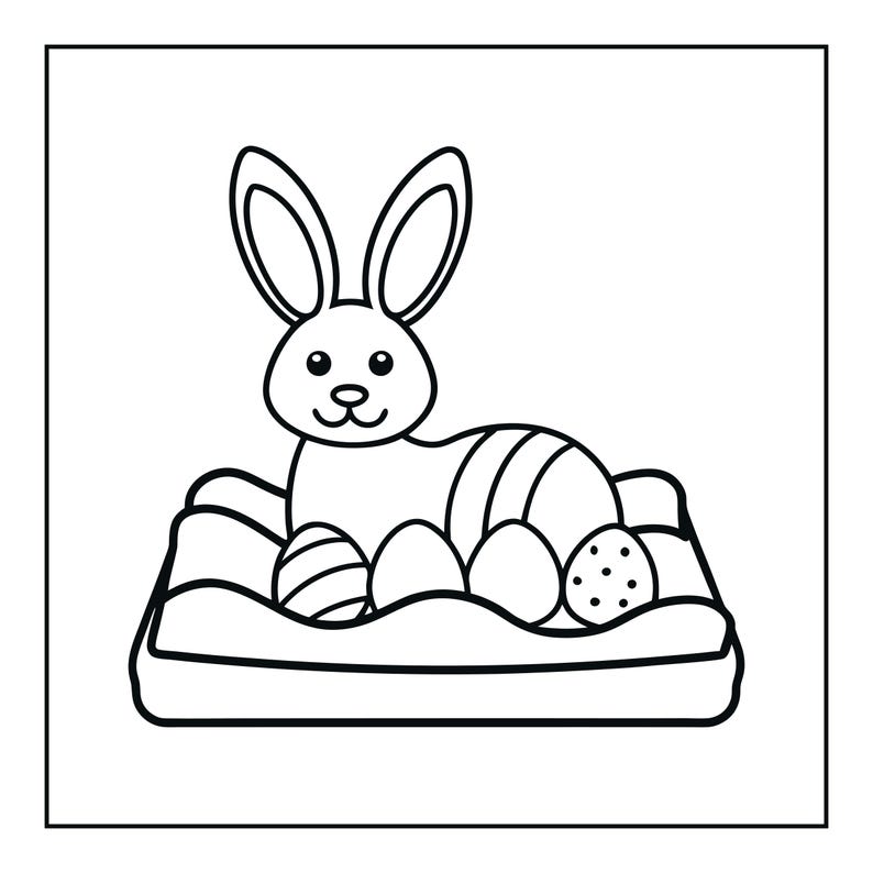May include: A black and white line art illustration of a rabbit sitting in a basket filled with four decorated Easter eggs. The rabbit has long ears and a simple facial expression, while the eggs feature various patterns including stripes and dots.