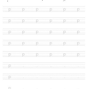 May include: A black and white educational handwriting practice worksheet featuring the lowercase letter p in a dashed font. The page includes the word pencil, a small pencil icon, and multiple rows of dashed letter p characters for tracing.