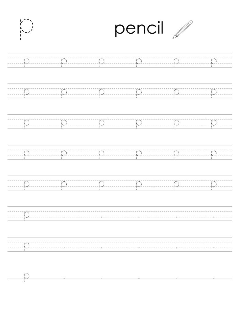 May include: A black and white educational handwriting practice worksheet featuring the lowercase letter p in a dashed font. The page includes the word pencil, a small pencil icon, and multiple rows of dashed letter p characters for tracing.