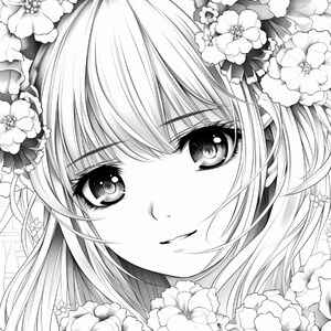 May include: A black and white line art illustration of a character with long, straight hair and large, detailed eyes. The character is wearing a crown of multiple layered flowers that frame the face, with additional floral clusters at the bottom.