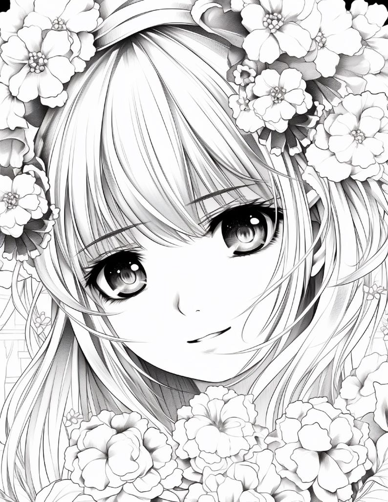 May include: A black and white line art illustration of a character with long, straight hair and large, detailed eyes. The character is wearing a crown of multiple layered flowers that frame the face, with additional floral clusters at the bottom.