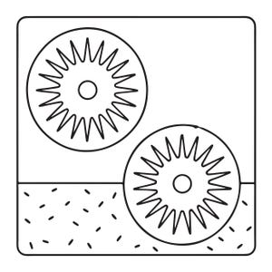 May include: A square icon featuring two circular shapes with radiating spikes, resembling suns or gears. The upper portion is plain white, while the lower portion contains a scattered pattern of small, short, horizontal black dashes.