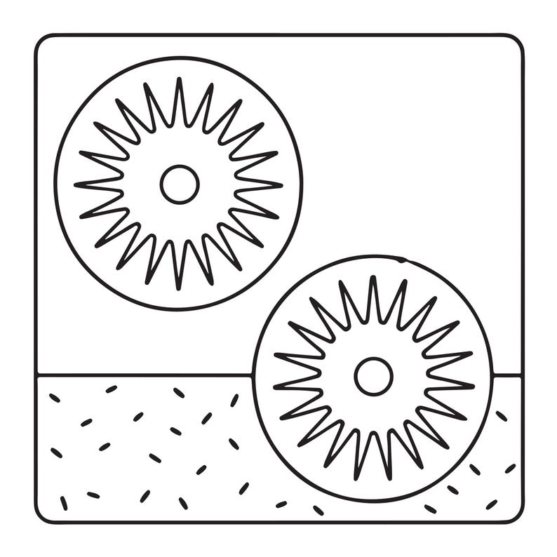 May include: A square icon featuring two circular shapes with radiating spikes, resembling suns or gears. The upper portion is plain white, while the lower portion contains a scattered pattern of small, short, horizontal black dashes.