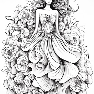 Pu&ograve; includere: Un'illustrazione a linee in bianco e nero che raffigura una persona con lunghi capelli fluenti che indossa un abito senza spalline con una gonna ampia e plissettata. La figura &egrave; circondata da una fitta disposizione di grandi fiori e petali.