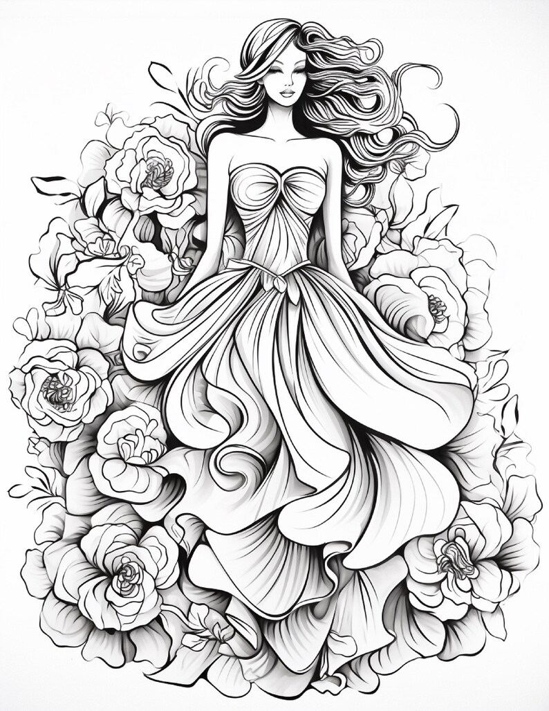 Pu&ograve; includere: Un'illustrazione a linee in bianco e nero che raffigura una persona con lunghi capelli fluenti che indossa un abito senza spalline con una gonna ampia e plissettata. La figura &egrave; circondata da una fitta disposizione di grandi fiori e petali.