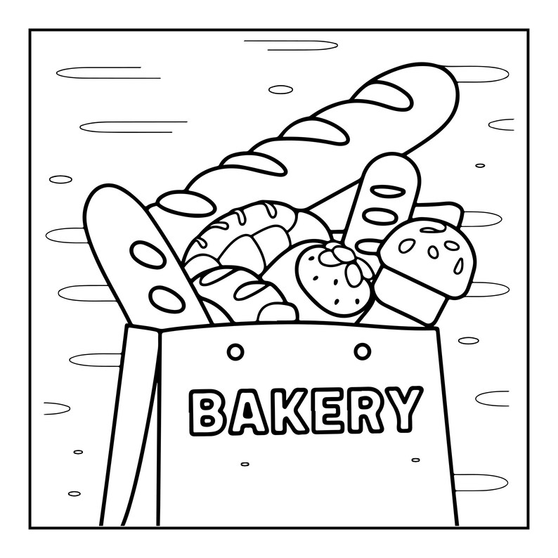 May include: A black and white line art illustration of a paper bag labelled BAKERY, filled with various baked goods including a long baguette, a round loaf, and a small muffin. The drawing features bold outlines and simple shapes for colouring.