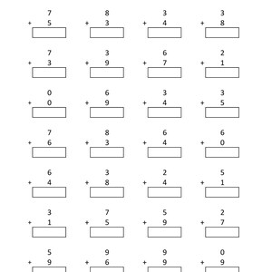 May include: A black and white educational worksheet titled Math - Addition Single Digit, featuring seven rows of four vertical addition problems. Each problem consists of two single-digit numbers stacked vertically with a plus sign and a blank box.