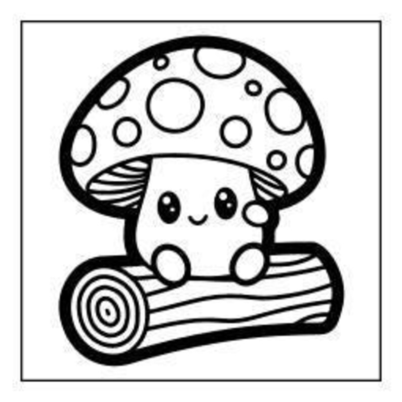 A line drawing of a mushroom character with a smiling face, sitting on a log.