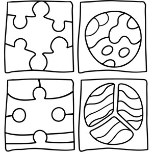 May include: A set of four square tiles featuring black line art on a white background. The top left tile shows a puzzle piece shape, the top right a circular pattern, the bottom left a puzzle piece with horizontal lines, and the bottom right a peace sign.