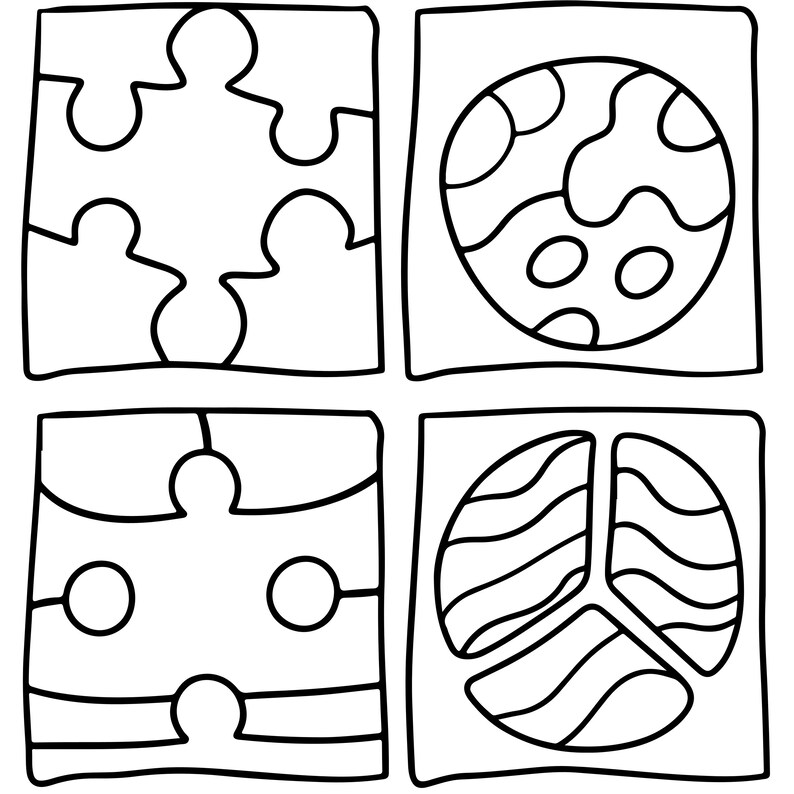 May include: A set of four square tiles featuring black line art on a white background. The top left tile shows a puzzle piece shape, the top right a circular pattern, the bottom left a puzzle piece with horizontal lines, and the bottom right a peace sign.