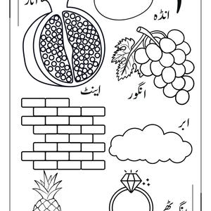 May include: A black and white educational colouring page featuring line art illustrations of a pomegranate, an egg, a bunch of grapes, a brick wall, a cloud, a pineapple, and a diamond ring, each accompanied by Urdu text labels.