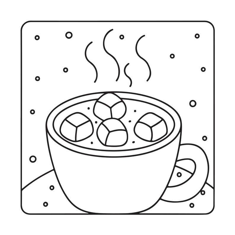May include: A black and white line art illustration of a mug filled with a hot beverage and three marshmallows. Steam rises from the drink, and small circles are scattered throughout the square frame, creating a simple, clean graphic design.
