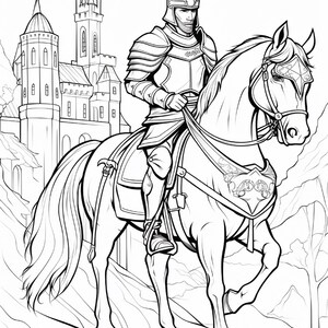 Op de afbeelding: Een zwart-wit lijntekening van een ridder in volledig harnas op een paard. De ridder draagt een helm en houdt de teugels vast. Het paard heeft een versierd hoofdstel en zadel. Op de achtergrond staat een groot kasteel met hoge torens.