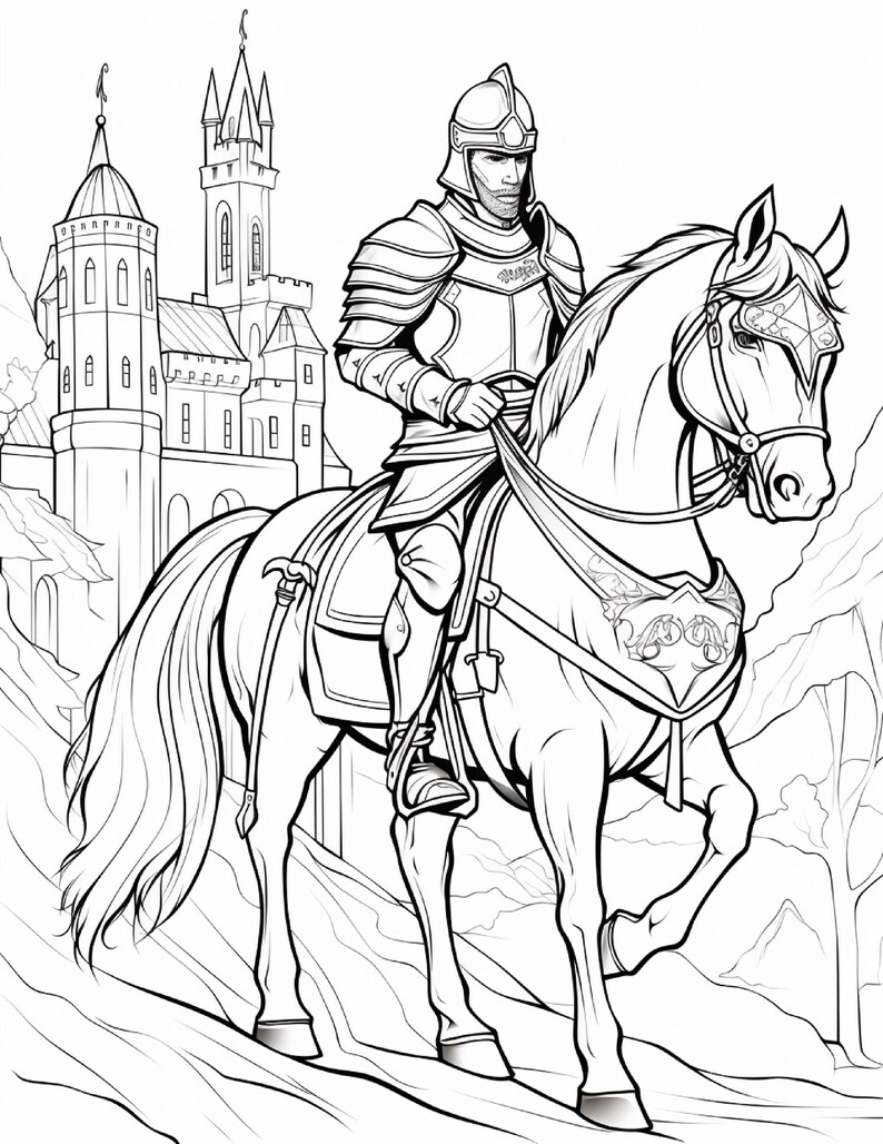 Op de afbeelding: Een zwart-wit lijntekening van een ridder in volledig harnas op een paard. De ridder draagt een helm en houdt de teugels vast. Het paard heeft een versierd hoofdstel en zadel. Op de achtergrond staat een groot kasteel met hoge torens.