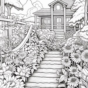 以下が含まれることがあります： 石の階段の上に建つ家を描いた白黒の塗り絵用イラスト。小道の両側にはヒマワリと葉が密集しており、左側には木製のフェンス、背景には木々が描かれています。