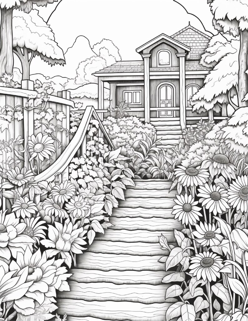 以下が含まれることがあります： 石の階段の上に建つ家を描いた白黒の塗り絵用イラスト。小道の両側にはヒマワリと葉が密集しており、左側には木製のフェンス、背景には木々が描かれています。