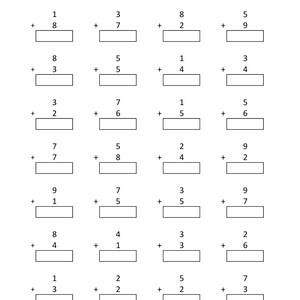 May include: A black and white educational worksheet titled Math - Addition Single Digit, featuring seven rows of four vertical addition problems. Each problem consists of two single-digit numbers stacked with a plus sign and an empty rectangular box.