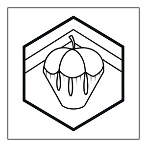 Op de afbeelding: Een zwart-wit lijntekening met een gestileerd appelicoon gecentreerd in een zeshoekig kader. Het appelontwerp bevat een steeltje aan de bovenkant en verticale lijnen die vanuit het midden naar beneden lopen, omsloten door een dikke rand.