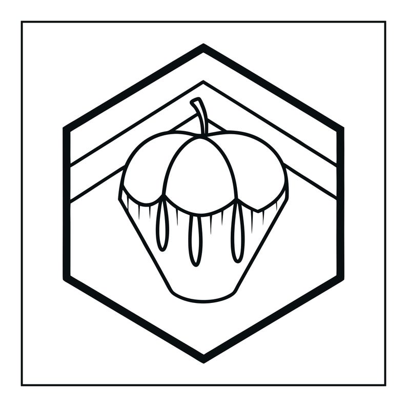 Op de afbeelding: Een zwart-wit lijntekening met een gestileerd appelicoon gecentreerd in een zeshoekig kader. Het appelontwerp bevat een steeltje aan de bovenkant en verticale lijnen die vanuit het midden naar beneden lopen, omsloten door een dikke rand.