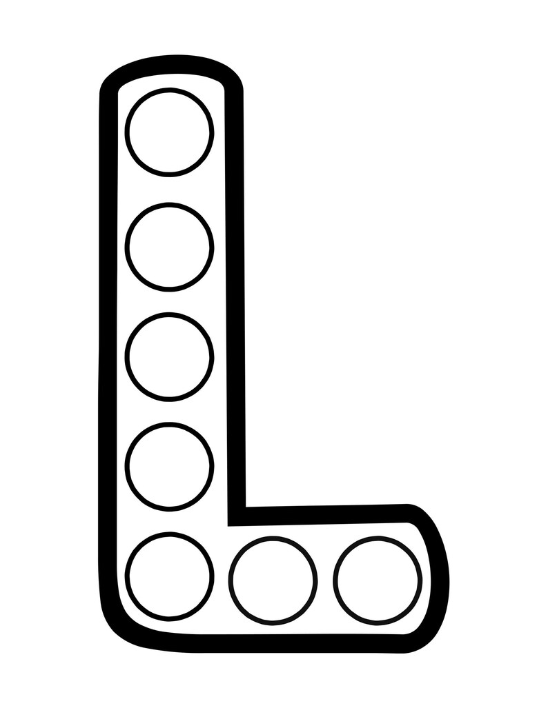 Black and white outline of the uppercase letter L filled with circular dot marker spaces.