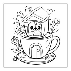 Peut inclure: Une illustration en noir et blanc pour coloriage repr&eacute;sentant un petit chien qui regarde hors d'une niche pos&eacute;e &agrave; l'int&eacute;rieur d'une grande tasse &agrave; th&eacute;. La tasse repose sur une soucoupe, et la sc&egrave;ne est d&eacute;cor&eacute;e de fleurs et de feuilles simples.