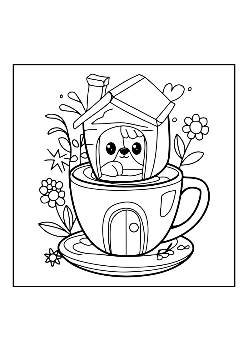 Peut inclure: Une illustration en noir et blanc pour coloriage repr&eacute;sentant un petit chien qui regarde hors d'une niche pos&eacute;e &agrave; l'int&eacute;rieur d'une grande tasse &agrave; th&eacute;. La tasse repose sur une soucoupe, et la sc&egrave;ne est d&eacute;cor&eacute;e de fleurs et de feuilles simples.