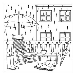 A black and white line art coloring page showing a rocking chair and a table with a mug and blanket on a balcony, with rain falling and an umbrella open.