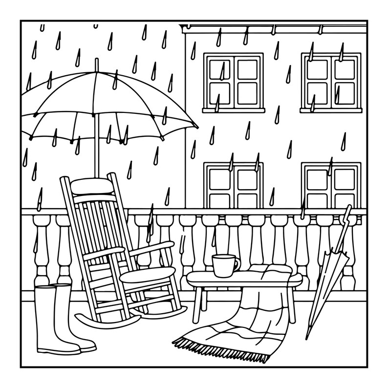 A black and white line art coloring page showing a rocking chair and a table with a mug and blanket on a balcony, with rain falling and an umbrella open.