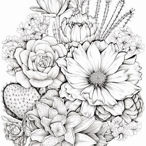 Pode incluir: Uma ilustra&ccedil;&atilde;o de arte linear em preto e branco apresentando um arranjo bot&acirc;nico denso de v&aacute;rias suculentas, cactos e grandes flores desabrochando. A composi&ccedil;&atilde;o inclui p&eacute;talas detalhadas, almofadas de cacto espinhosas e caules finos.