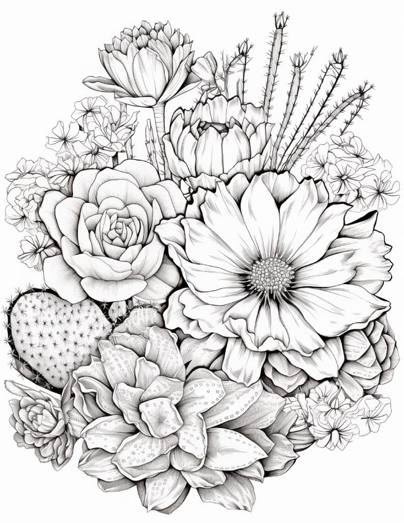 Pode incluir: Uma ilustra&ccedil;&atilde;o de arte linear em preto e branco apresentando um arranjo bot&acirc;nico denso de v&aacute;rias suculentas, cactos e grandes flores desabrochando. A composi&ccedil;&atilde;o inclui p&eacute;talas detalhadas, almofadas de cacto espinhosas e caules finos.