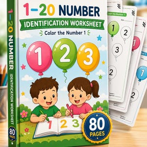 Puede incluir: Un libro de ejercicios 1-20 Number Identification Worksheet de 80 p&aacute;ginas. La portada muestra a un ni&ntilde;o y una ni&ntilde;a coloreando en un libro con globos numerados 1, 2 y 3. El t&iacute;tulo est&aacute; impreso en texto colorido e incluye p&aacute;ginas de muestra.