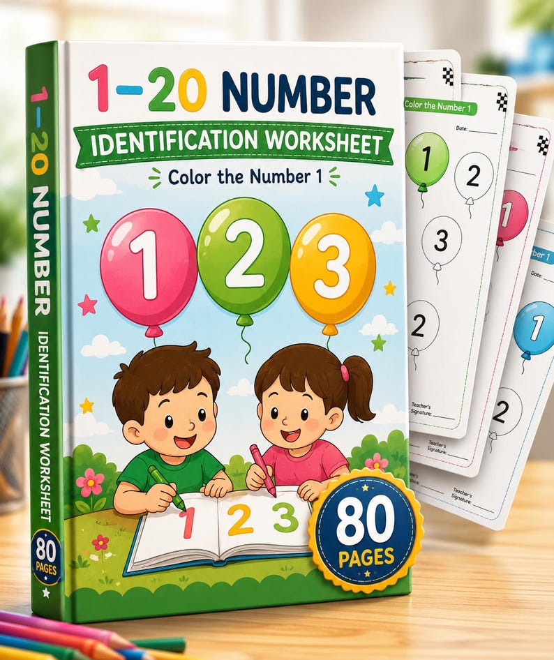 Puede incluir: Un libro de ejercicios 1-20 Number Identification Worksheet de 80 p&aacute;ginas. La portada muestra a un ni&ntilde;o y una ni&ntilde;a coloreando en un libro con globos numerados 1, 2 y 3. El t&iacute;tulo est&aacute; impreso en texto colorido e incluye p&aacute;ginas de muestra.