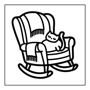 Peut inclure: Une illustration en noir et blanc au trait repr&eacute;sentant un chat endormi sur une chaise &agrave; bascule. La chaise comporte une couverture drap&eacute;e avec un bord &agrave; franges suspendu sur le dossier et l'assise. Le chat a les yeux ferm&eacute;s.
