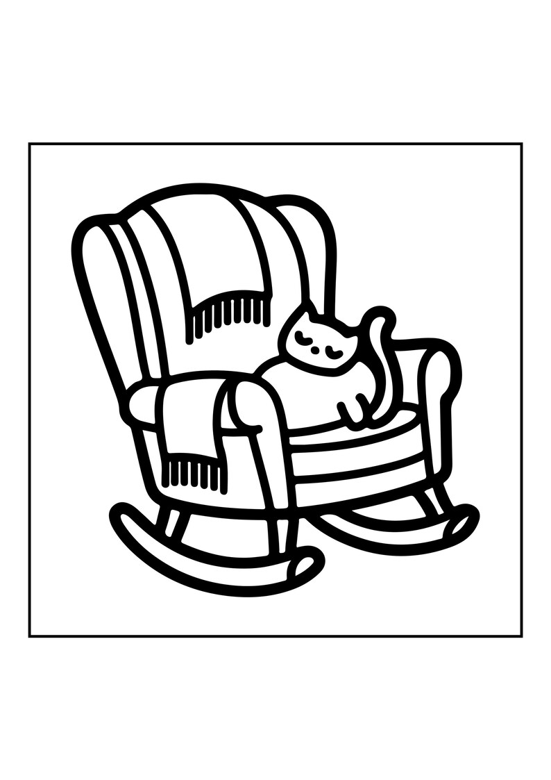 Peut inclure: Une illustration en noir et blanc au trait repr&eacute;sentant un chat endormi sur une chaise &agrave; bascule. La chaise comporte une couverture drap&eacute;e avec un bord &agrave; franges suspendu sur le dossier et l'assise. Le chat a les yeux ferm&eacute;s.