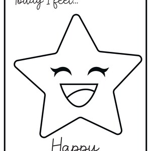 A printable flashcard featuring a happy star face with the text Today I feel... at the top and Happy at the bottom.