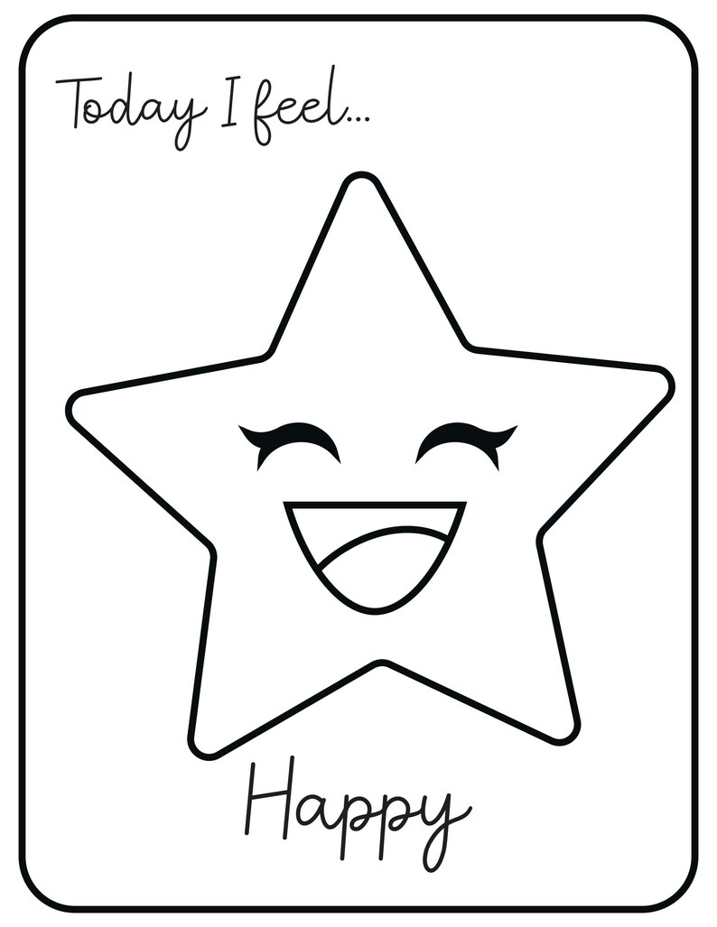 A printable flashcard featuring a happy star face with the text Today I feel... at the top and Happy at the bottom.