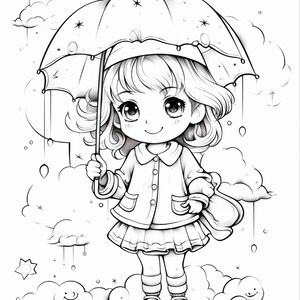 以下が含まれることがあります： 星柄の傘を持つウェーブヘアのちびキャラクターが描かれた白黒の塗り絵ページ。キャラクターは襟付きのジャケット、プリーツスカート、靴下、靴を着用しており、周囲には様式化された雲と雨粒が描かれています。