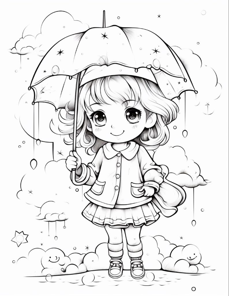 以下が含まれることがあります： 星柄の傘を持つウェーブヘアのちびキャラクターが描かれた白黒の塗り絵ページ。キャラクターは襟付きのジャケット、プリーツスカート、靴下、靴を着用しており、周囲には様式化された雲と雨粒が描かれています。