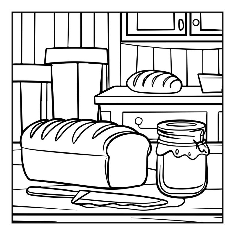 May include: A black and white line art illustration featuring a loaf of bread, a kitchen knife, and a glass jar with a lid. In the background, a second loaf of bread sits on a kitchen counter with cabinets and a chair visible in the scene.