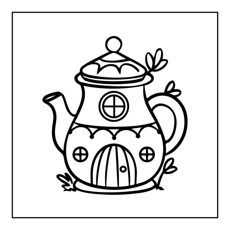 May include: A black and white line art illustration of a teapot shaped like a small house. The design features a central arched door, three circular windows, a spout, a handle, and a lid with a knob, accented by small leaf motifs at the base.