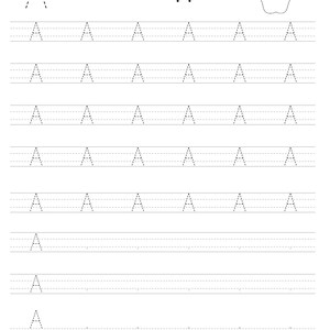 Pode incluir: Uma folha de exerc&iacute;cios educativa em preto e branco para praticar a letra A. A p&aacute;gina apresenta uma letra A grande em linhas tracejadas, a palavra Apple, um desenho de linha de uma ma&ccedil;&atilde; e v&aacute;rias linhas de letras A mai&uacute;sculas tracejadas.