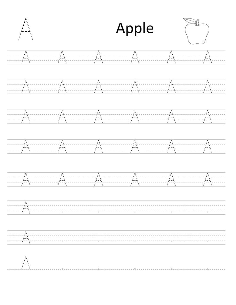 Pode incluir: Uma folha de exerc&iacute;cios educativa em preto e branco para praticar a letra A. A p&aacute;gina apresenta uma letra A grande em linhas tracejadas, a palavra Apple, um desenho de linha de uma ma&ccedil;&atilde; e v&aacute;rias linhas de letras A mai&uacute;sculas tracejadas.