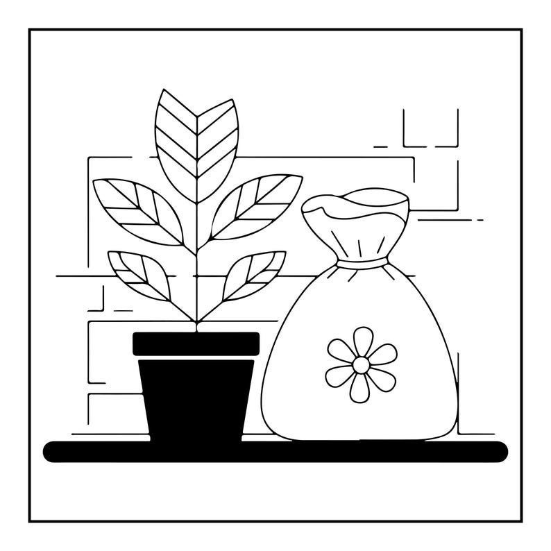 May include: A black and white line art illustration featuring a potted plant with six leaves next to a rounded sack tied at the top with a simple flower icon centered on the front. The objects are positioned on a flat surface against a brick wall.