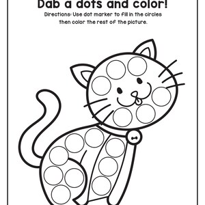 A coloring and dot marker worksheet titled Dab a dots and color featuring an outline drawing of a sitting cat with circles inside its head and body.