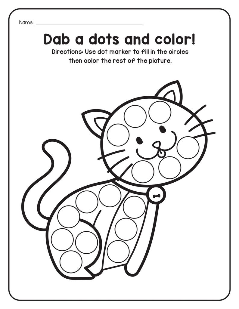 A coloring and dot marker worksheet titled Dab a dots and color featuring an outline drawing of a sitting cat with circles inside its head and body.